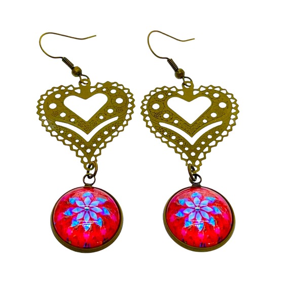 Cherry Red Fancy Heart Dangle Earrings - Picture 4 of 7